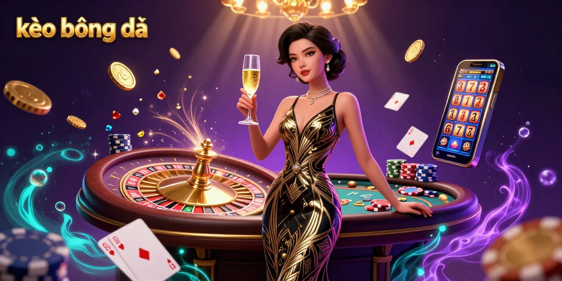 Engage with kèo bóng đá as elegant Asian woman celebrates near roulette with coins and cards.
